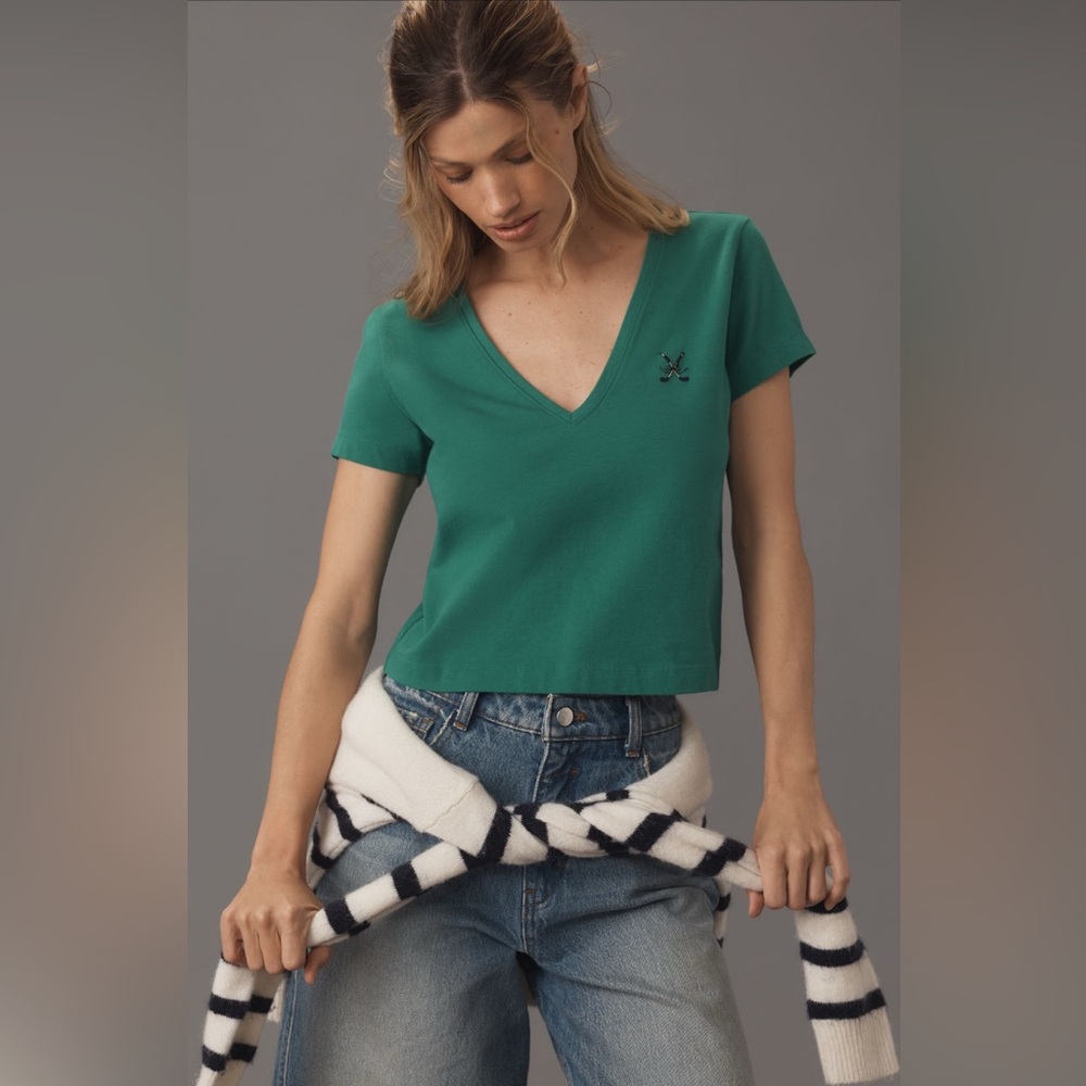 Anthropologie Maeve V Neck Hockey Graphic Tee